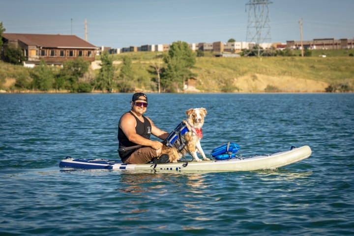Person paddling on a lake with a dog on a paddleboard on a sunny day.